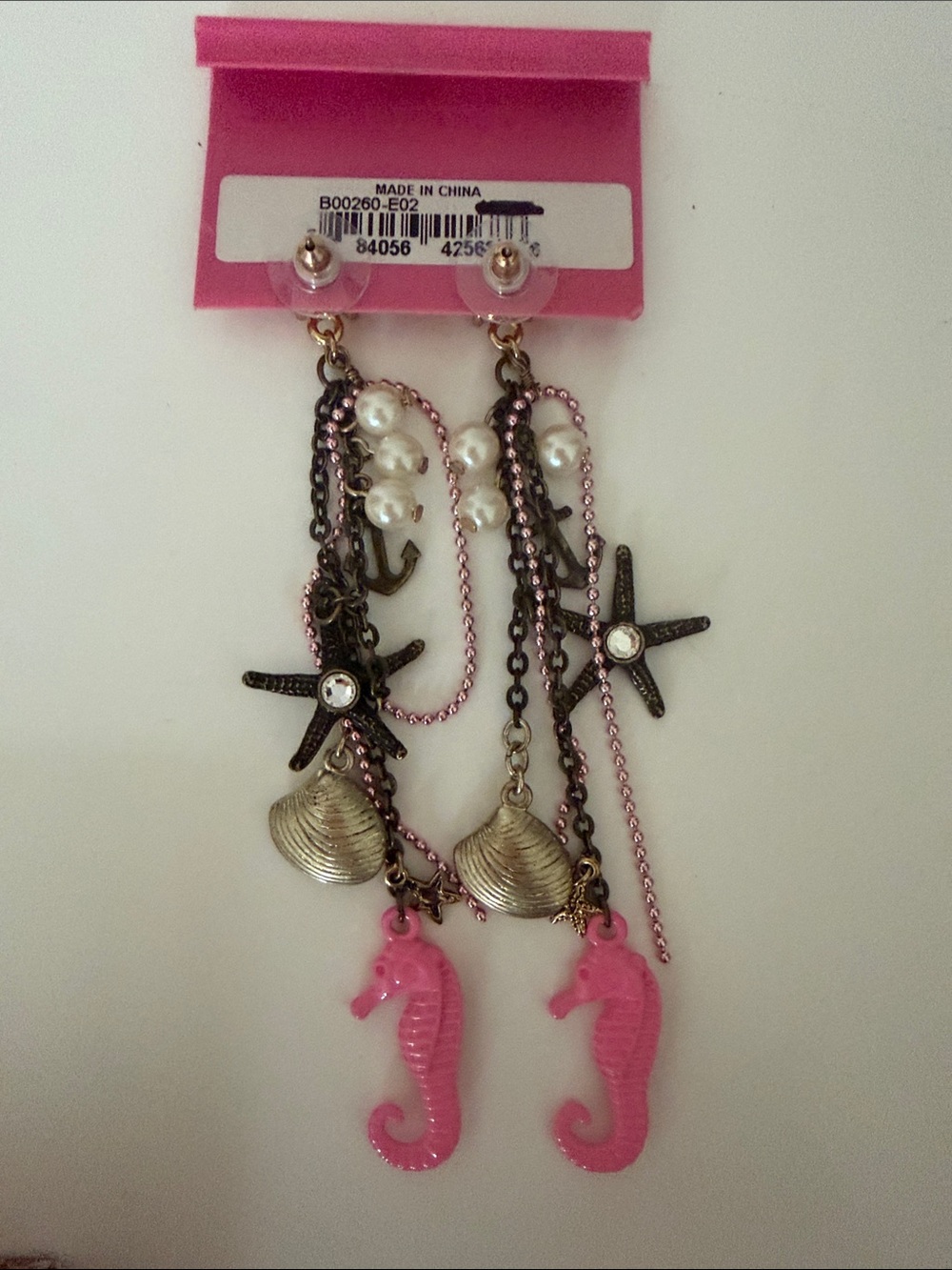 Betsey Johnson Pink Seahorse Mixed-Chain Dangle Earrings, NWT, perfect!